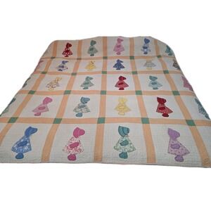 Quilt Handmade Early Vintage 1940 Applique & Embroidery Sunbonnet Sue Feedsack